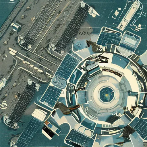 Image similar to an aerial view of a space colony. style: retro futurism