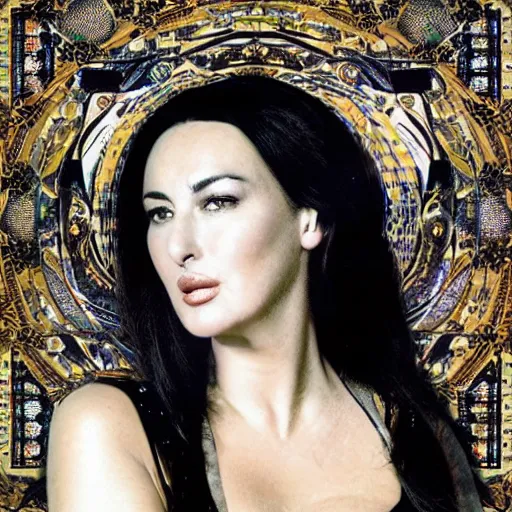 Image similar to a beautiful!!! portrait of Monica Bellucci, collage art of pages from alchemical grimoires, 8K, highly detailed, cryptic and mysterious, hypermaximalist, photorealistic