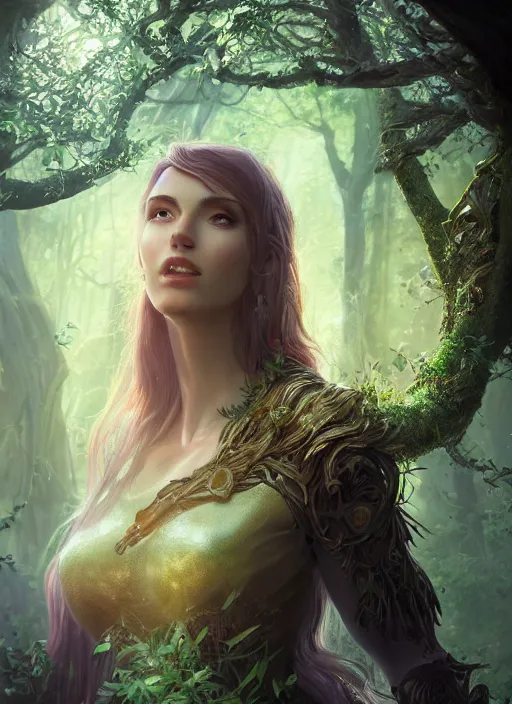 Image similar to Beautiful art portrait of a female fantasy sorceress in a dark mystical fantasy temple surrounded by lush spring time forest, atmospheric lighting, intricate detail, cgsociety, hyperrealistic, octane render, RPG portrait, ambient light, dynamic lighting