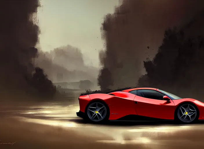 Image similar to A grown man driving a Ferrari in 1800. Digital painting. Greg Rutkowski. Fantasy artwork.