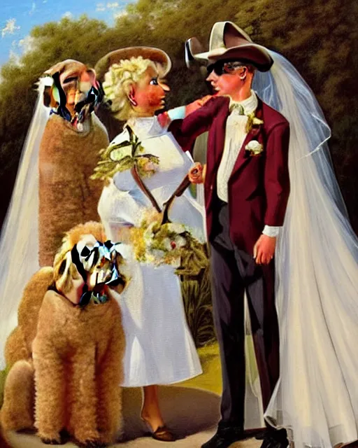 Prompt: stylish painting of the Milkybar kid with blonde hair, cowboy hat and glasses, kissing bride who is a poodle dog, on the altar, at their wedding. In the style of JC Leyendecker