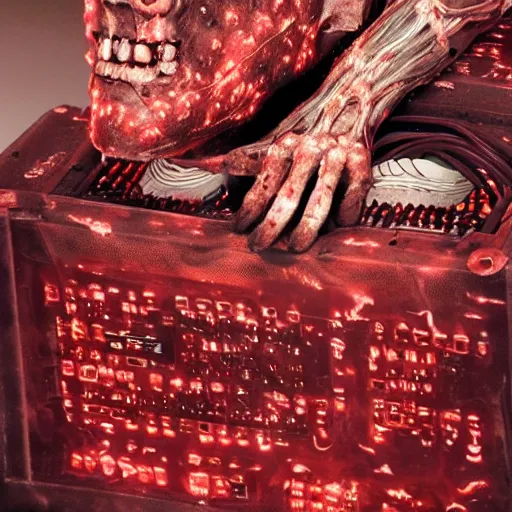 Image similar to a large box made out of human flesh, doom monster, electronic circuitry, skin, flesh!, blood, clumps of hair, lights, led, computer
