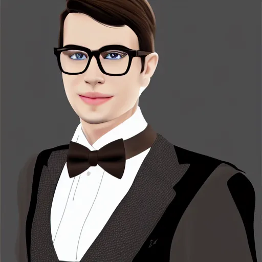 Prompt: a portrait of a young man with brown hair and glasses. He is wearing a tuxedo. Realistic digital art