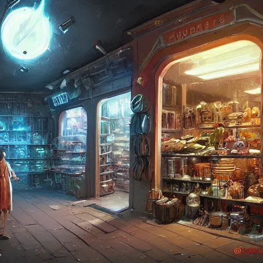 Image similar to concept art of a store that sells everything in the universe, by greg rutkowski