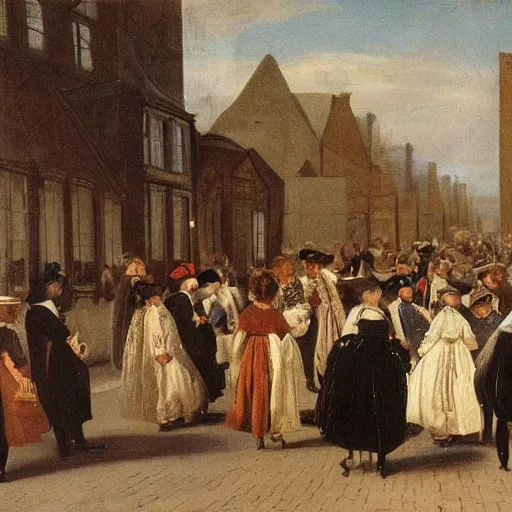 Prompt: painting of Victorian crowd walking in old master dutch painting