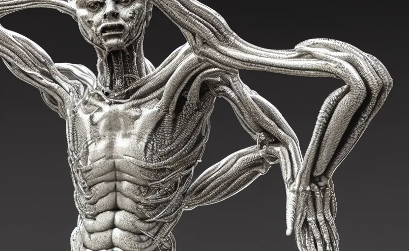 Image similar to stylized shiny polished silver statue full body extra limbs bizarre cosmic horror quadruped four legs made of marble of slug creature tendrils, perfect symmetrical body, perfect symmetrical face, hyper realistic, hyper detailed, by johannen voss, by michelangelo, octane render, blender, 8 k, displayed in pure white studio room