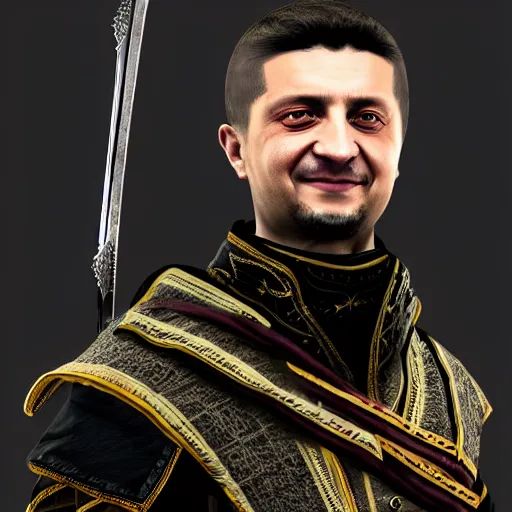 Prompt: Detailed portrait of Volodymyr Zelensky in game style 8k in a detailed assassin costume from the assassin computer game, on a white background,