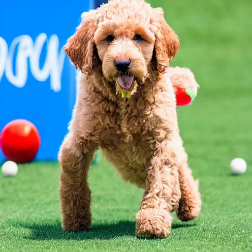 Prompt: Golden labradoodle puppy playing croquet