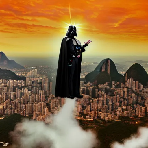 Prompt: a highly detailed picture of, the darth vader as the christo redentor dabbing over rio de janeiro and shouting poggers, ultrawide lens, art by john collier and albert aublet and krenz cushart and artem demura and alphonse mucha, volumetric lighting, octane render, 4 k resolution, trending on artstation, masterpiece