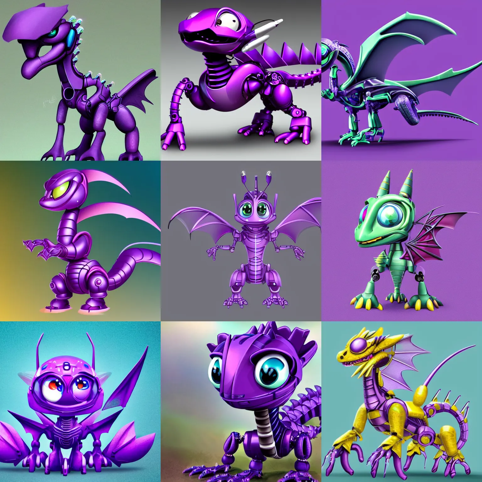 Prompt: very cute small purple robototechnic dragon with well-designed head and four legs with small wings,Disney, digital art