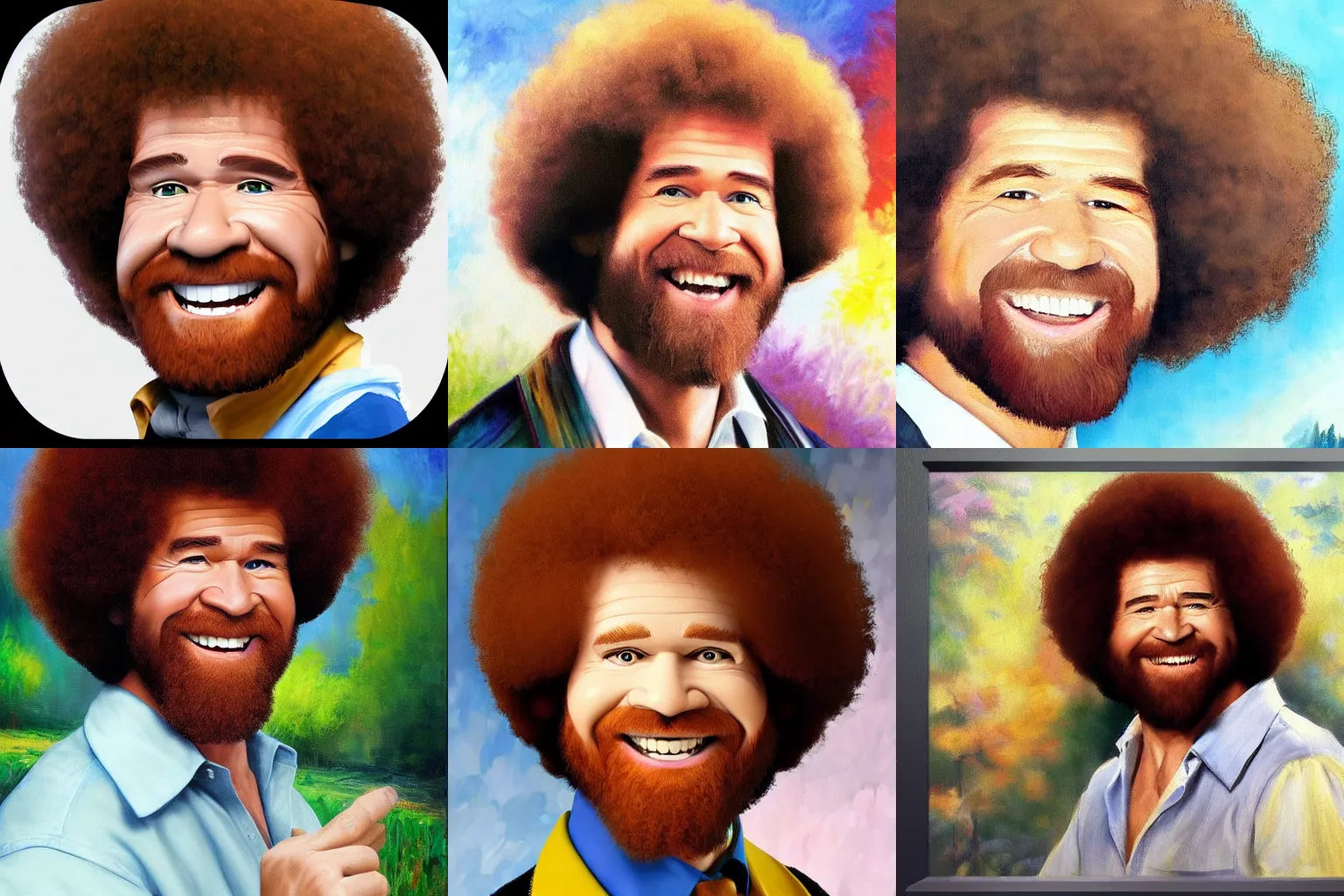 Prompt: bob ross smiling way to big with a giant hairdo, in an impressionist painting style, trending on artstation
