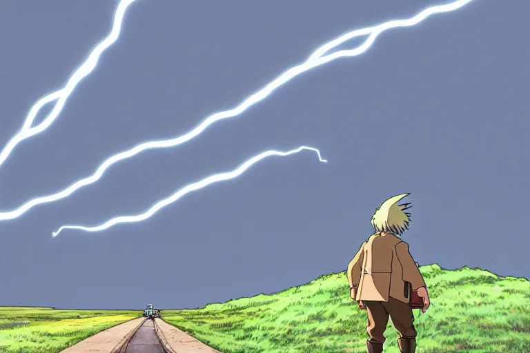 Prompt: a study of a cell shaded cartoon of lightning hitting a tree from howl's moving castle ( 2 0 0 4 ), on a desert road, full body, wide shot, very muted colors, post grunge, studio ghibli, laurie greasley, highly detailed, deviantart, art by artgem