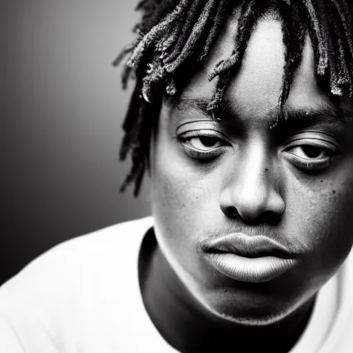 Image similar to the face of young juice wrld at 1 9 years old, black and white portrait by julia cameron, chiaroscuro lighting, shallow depth of field, 8 0 mm, f 1. 8