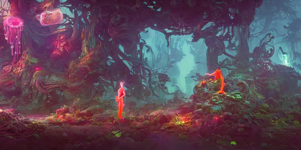 Image similar to 3 d scene of temple portal modelling goddess close - woodsman wearing a steampunk and neonpunk mechanical fluorescent mystical animal mask in strange misty mountain landscape. betta fish, jellyfish phoenix, bio luminescent, plasma, ice, water, wind, creature, artwork by tooth wu and wlop and beeple and greg rutkowski