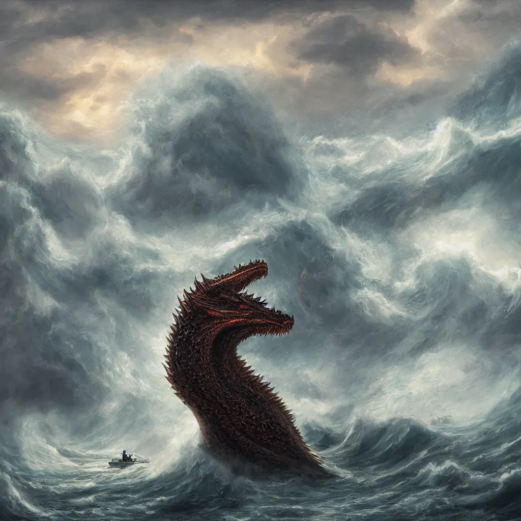 Image similar to a fantasy book style portrait of a giant dragon, stormy sea, giant waves, lightning, small boat, oil painting, 4 k