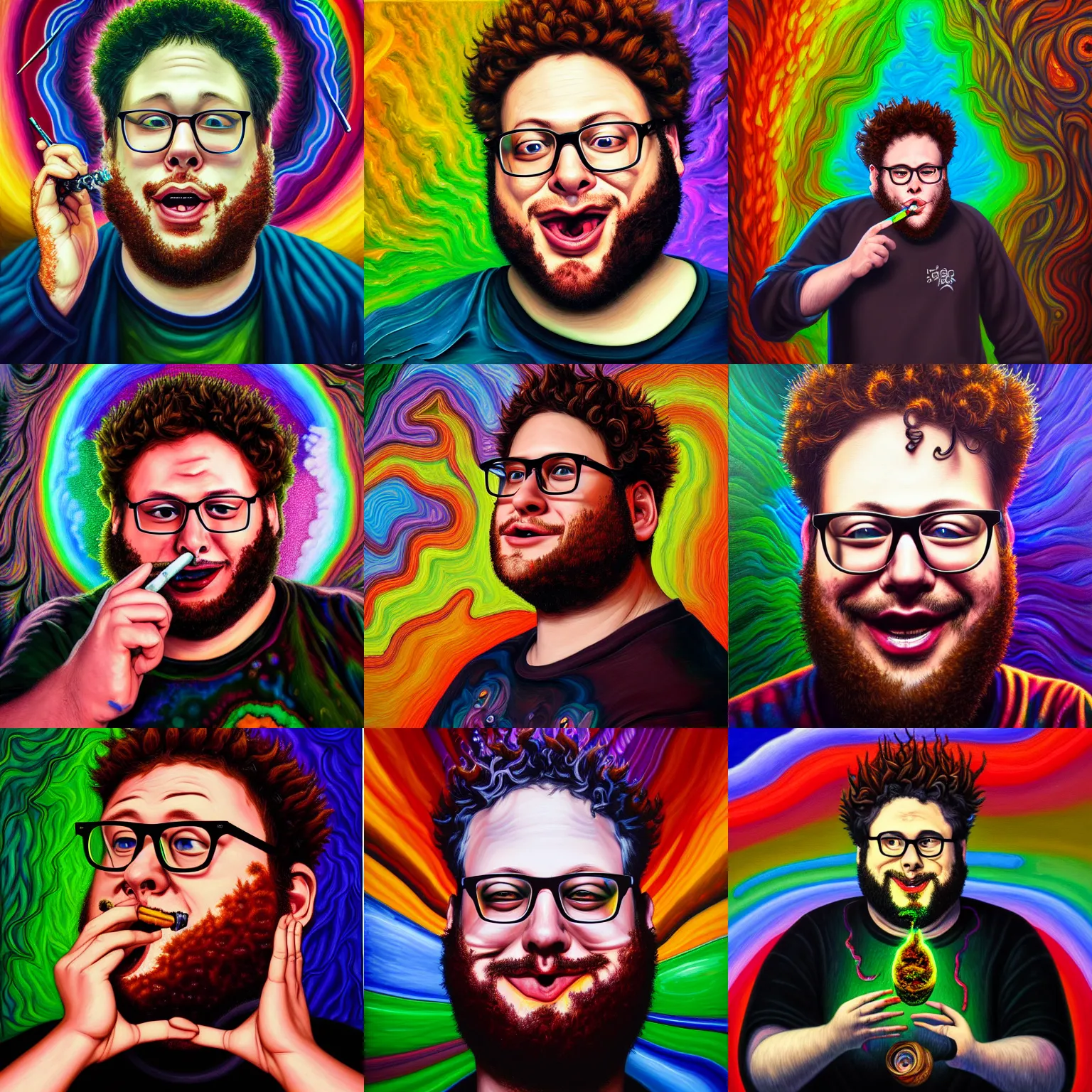 Prompt: an intricate oil painting of a manic seth rogen smoking weed in the style of junji ito and dark fantasy, ornate, psychedelic, rainbow color scheme, detailed, cinematic, diffuse lighting, magic realism, artstationhq, unreal engine 5, volumetric light