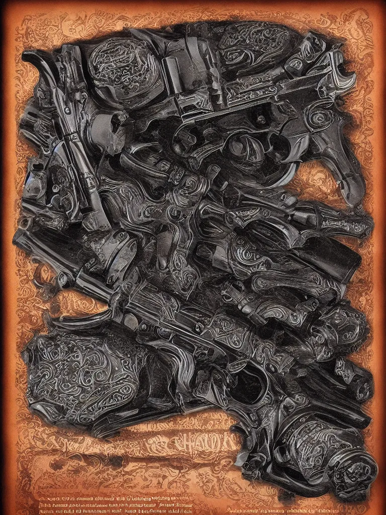 Image similar to carving in dark black steel of machine guns shotguns rifles revolvers bullets, dark vintage paperback cover, ultra-realistic, intricate details, 4k