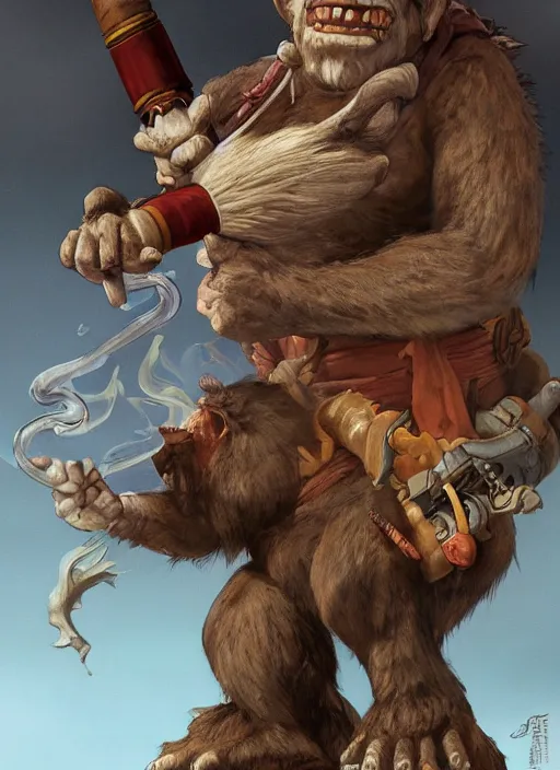 Prompt: boris vallejo and studio ghibli pathfinder 2 e illustration of a goblin mixed with a monkey smoking a cigar, pirate themed, character portrait, unreal engine, hyper realism, realistic shading, cinematic composition, realistic render, octane render, detailed textures, photorealistic, wide shot