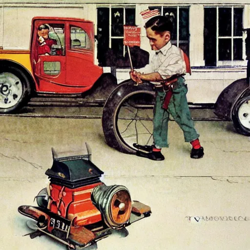 Prompt: a Norman Rockwell painting of a boy driving a hover-car