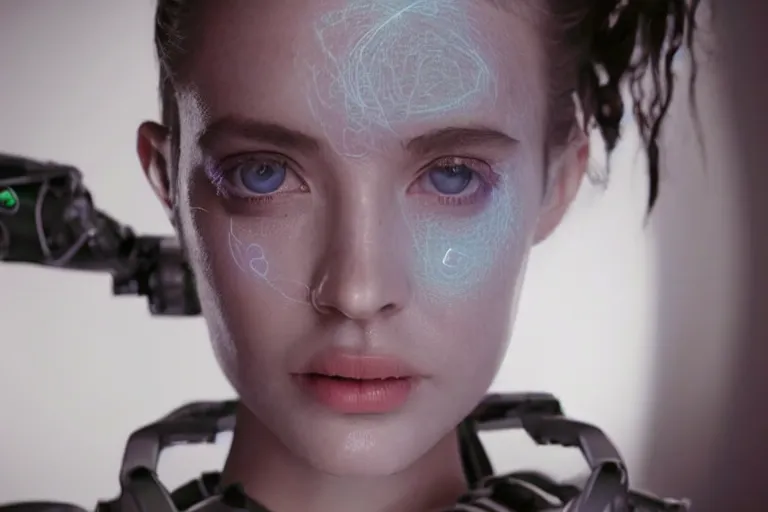 Prompt: VFX movie of a futuristic robot portrait in living room, beautiful natural skin neon lighting by Emmanuel Lubezki