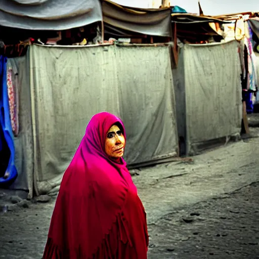 Image similar to a character portrait color photo of an iranian woman at the bazaar, wide shot, perfect face, hopeful, photojournalism, war photography, adobe, canon, nikon, flickr contest winner, neo-expressionism, art photography, industrial background, hyperrealism, chiaroscuro, anamorphic lens flare, elegant, shallow depth of field, haze, volumetric lighting, photo taken with provia, 24mm, f1.8, by Filip Hodas, by Andrew Domachowski