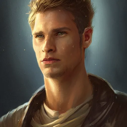 Image similar to portrait of a man by Greg Rutkowski, Cade Skywalker from Star Wars Expanded Universe, he is about 30 years old, manly, strong, messy blond hair, wearing a leather jacket, highly detailed portrait, digital painting, artstation, concept art, smooth, sharp foccus ilustration, Artstation HQ