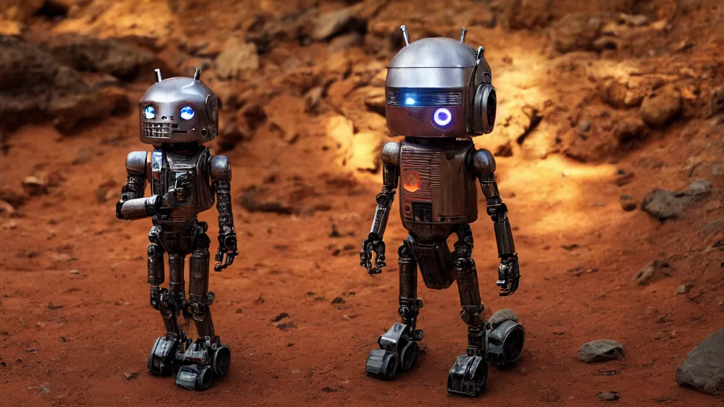 Prompt: film still from the movie chappie of the robot chappie shiny metal outdoor planet mars deep orange red rock scene bokeh depth of field several figures furry anthro anthropomorphic stylized cat ears head android service droid robot machine fursona