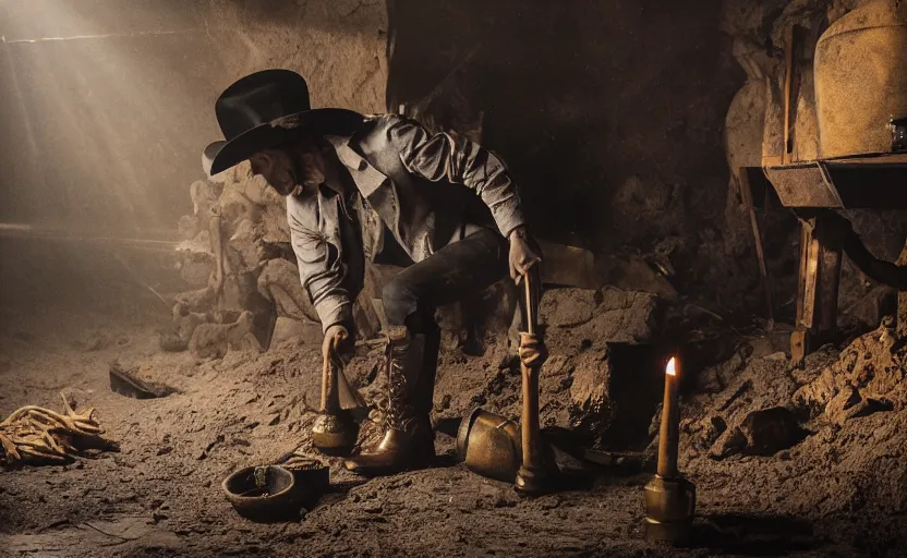 Image similar to a dirty golden retriever finding many large gold nugget piles in a dark mine and wearing a black western hat and jacket, dim moody lighting, wooden supports and wall torches and pick axes, cinematic style photograph