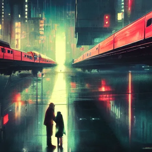 Prompt: chillwave scene of girl and cat, moment, cyberpunk elevated train, electronic billboards, tech noir, wet reflections, atmospheric, ambient, livia prima, greg rutkowski, edward hopper, pj crook