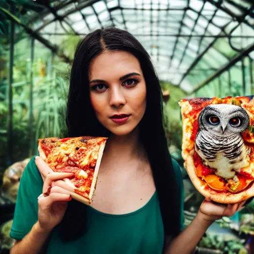 Image similar to close up portrait of beautiful woman wearing a pizza in a tropical greenhouse with an owl on her shoulder, bokeh, cinematic colors