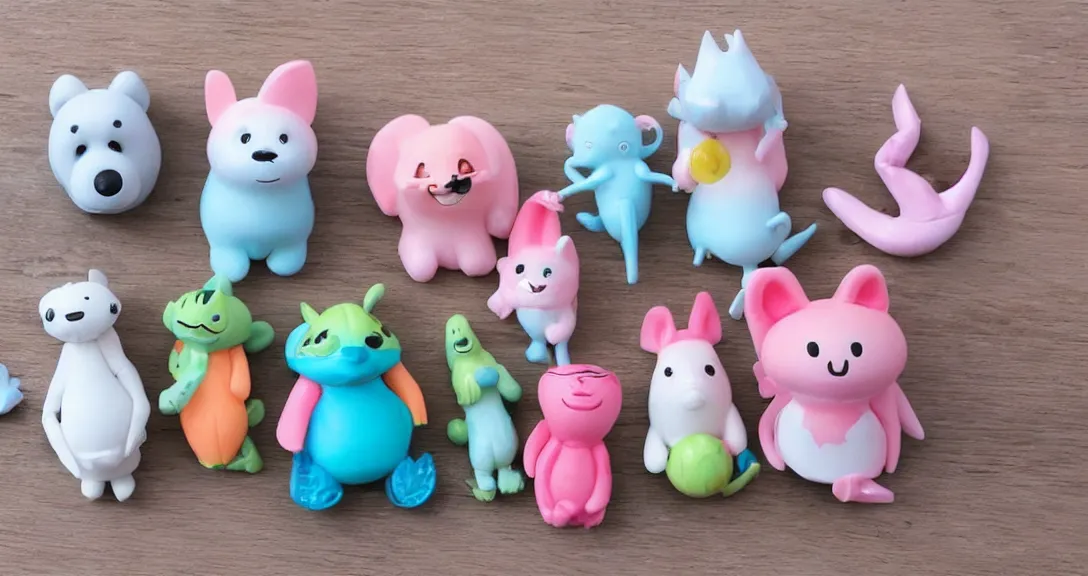 Image similar to some cute plastic toys that look like animal characters, pastel colors