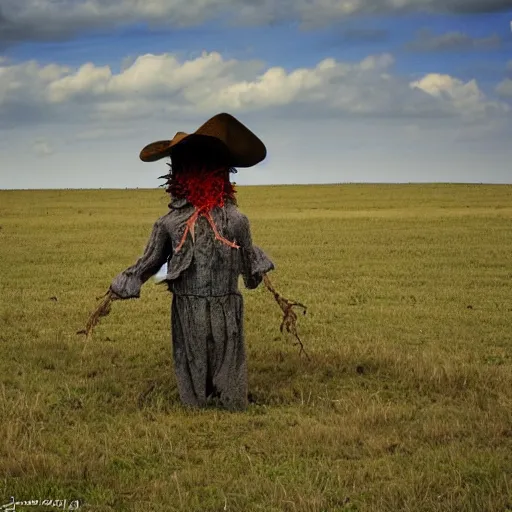 Image similar to a scarecrow in a field in the style of andrew wyeth