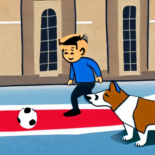 Image similar to illustration of boy playing football with a corgi wearing a polkadot scarf on the streets of paris