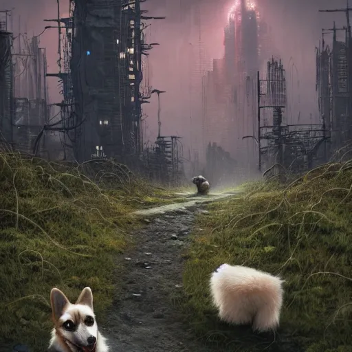 Prompt: a corgi exploring a desolate post - apocalyptic wasteland covered in moss and vines, cyberpunk, sci - fi, dystopian, hyperrealistic digital art, greg rutkowski, trending on artstation