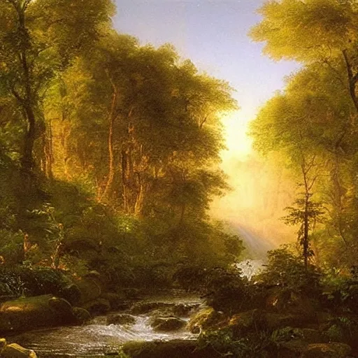 Prompt: There is a stream flowing through a peaceful forest. The sun shines through the trees, dappling the ground with light. The stream babbles gently. An oil painting by Thomas Cole