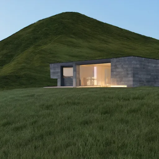 Prompt: Villa on the side of a hill. Designed by Peter Zumthor. Octane render. 8k. High detail.