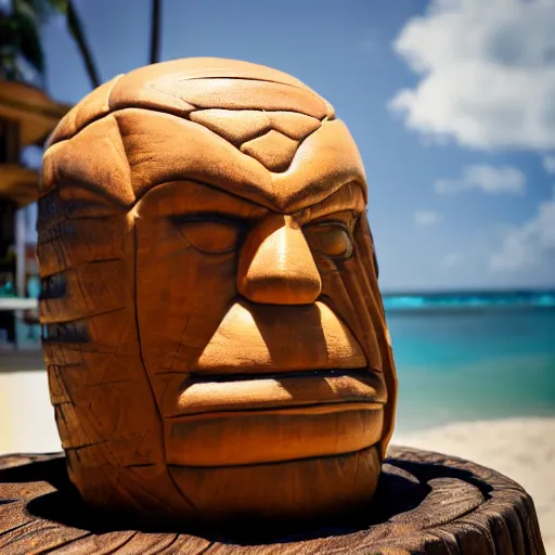 Image similar to a closeup photorealistic photograph of ben grimm's face on a tiki mug at trader vic's beach bar. fantastic four. tiki culture. bright scene. fine detail. this 4 k hd image is trending on artstation, featured on behance, well - rendered, extra crisp, features intricate detail, epic composition and the style of unreal engine.