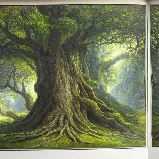 Prompt: a beautiful and highly detailed matte painting of a giant tree in a magical garden in lush forest in the valley of dreams, intricate details, epic scale, insanely complex, 8 k, sharp focus, hyperrealism, very realistic, by caspar friedrich, james gurney, brian froud,