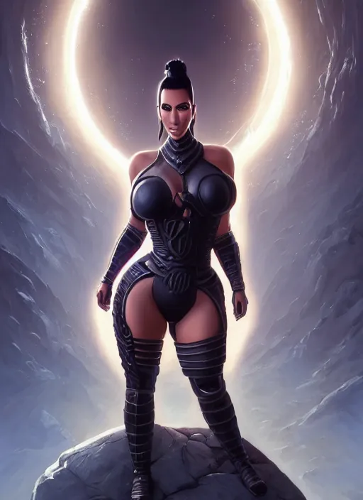 Image similar to highly detailed full body portrait of kim kardashian in futuristic ninja armor, character in mortal kombat x, stephen bliss, unreal engine, fantasy art by greg rutkowski, loish, rhads, ferdinand knab, makoto shinkai and lois van baarle, ilya kuvshinov, rossdraws, tom bagshaw, alphonse mucha, global illumination, radiant light