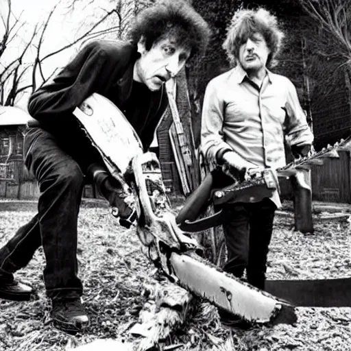 Image similar to bob dylan and mark e smith chainsaw battle