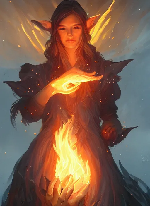 Image similar to a portrait fantastical glowing elf made of fire illustrated by artgerm and greg rutkowski