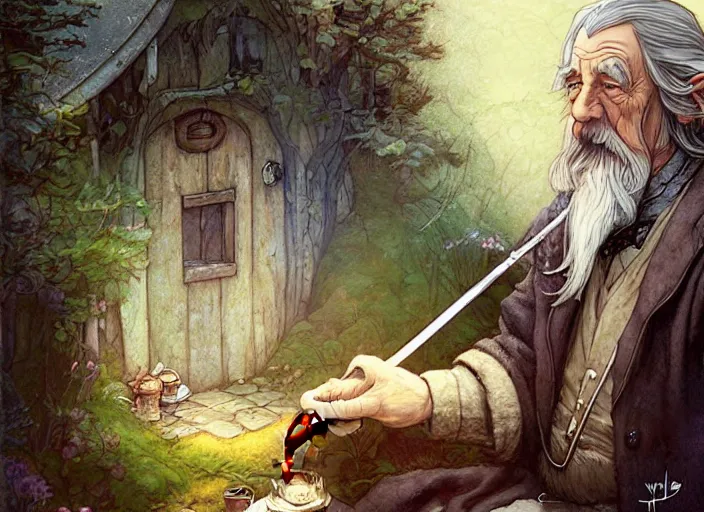 Prompt: portrait of gandalf moking a pipe with jrr tolkien in bilbo hobbit house - art, by wlop, james jean, victo ngai! muted colors, very detailed, art fantasy by craig mullins, thomas kinkade cfg _ scale 8