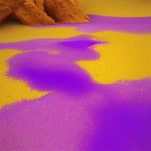 Prompt: purple silk and yellow sand, vibrant colors, dreamy atmosphere, by rembrandt and max hay, intricate, detailed, photorealistic imagery, artstation