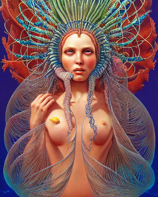 Prompt: realistic detailed underwater portrait of the goddess of the fish of the three times with an intricate headdress of corals, sea kelp, sea plants, fish, jellyfish, art by boris vallejo, ernst haeckel, zdzisław beksinski, gothic, neo - gothic, ornamental,