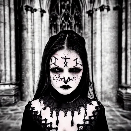 Prompt: gothic girl dressed in black, perfect face, macro head shot, behind her a gothic cathedral, perfect photo, wide lens, no decaying lines, the windows of the cathedral are reflecting red flame lights, delicate mandala intricate ornaments