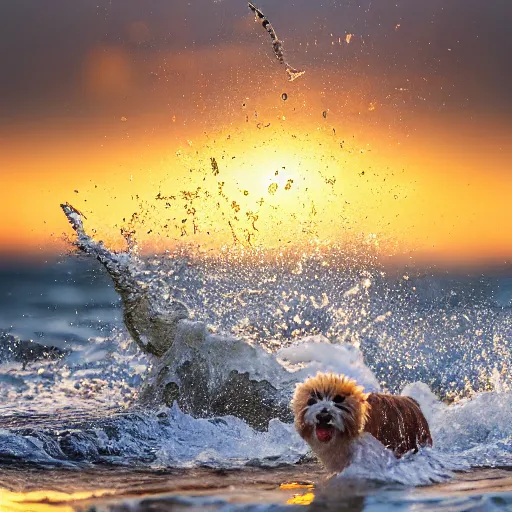 Image similar to a closeup photorealistic photograph of a cute smiling tiger bichon puppy splashing in the surf during sunset. professional capture, well lit shot. this 4 k hd image is trending on artstation, featured on behance, well - rendered, extra crisp, features intricate detail, epic composition and the style of unreal engine.