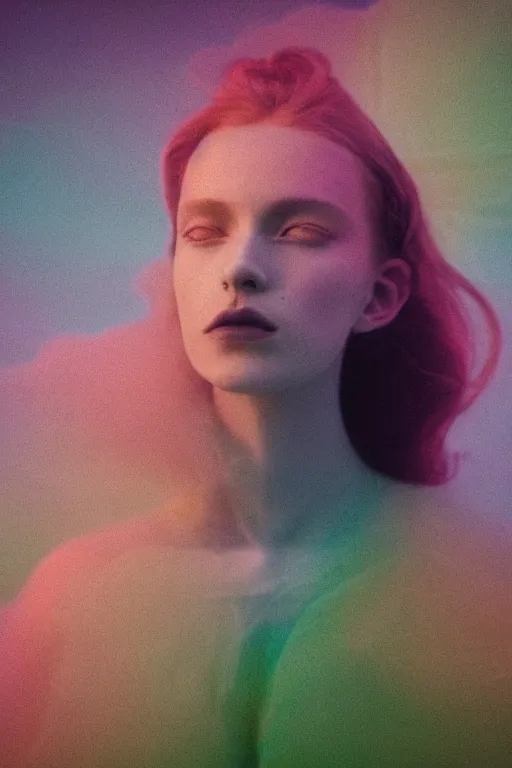 Image similar to high quality pastel coloured film close up wide angle photograph of a model wearing clothing swimming on cloud furniture in a icelandic black rock!! environment in a partially haze filled dreamstate world. three point light, rainbow. photographic production. art directed. pastel colours. volumetric clouds. pastel gradient overlay. waves glitch artefacts. extreme facial clarity. 8 k. filmic.