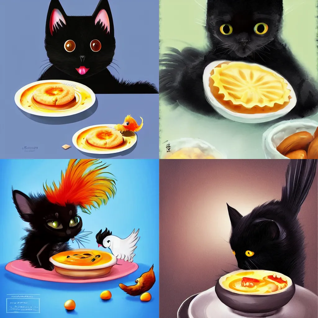 Prompt: a black kitten steps on egg tarts, eating fish with parrot chicken, digital art, illustration, storybook, artstation