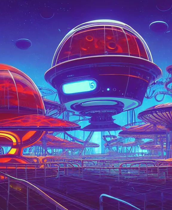 Image similar to simplicity, an amusement park made out of alien creatures, biological, in the style of a round spaceship, surrounded by auras, by dan mumford, yusuke murata, makoto shinkai, ross tran, cinematic, unreal engine, cel shaded, featured on artstation, pixiv