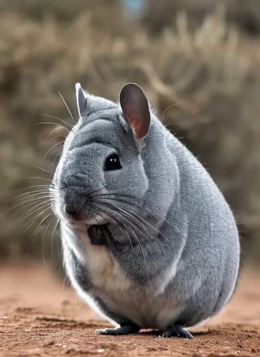 Image similar to chinchilla with strong, muscular body. big and fluffy rodent man. desert survivor.